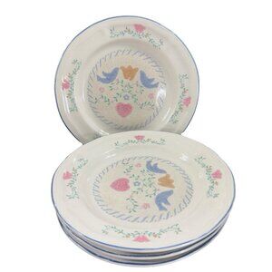 1990s Newcor Stoneware Ceramic Dish Plate Set 4 Plates Dishes Floral Bird Plates